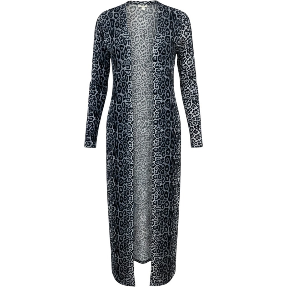 Umgee Leopard Print Long Duster Cardigan Grey Black Open Front Side Slit Large